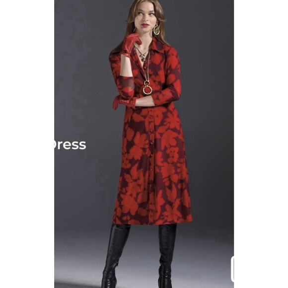Cabi Red Floral Long Sleeve Collared Shirt Dress 4392 Midi Large - Picture 2 of 5